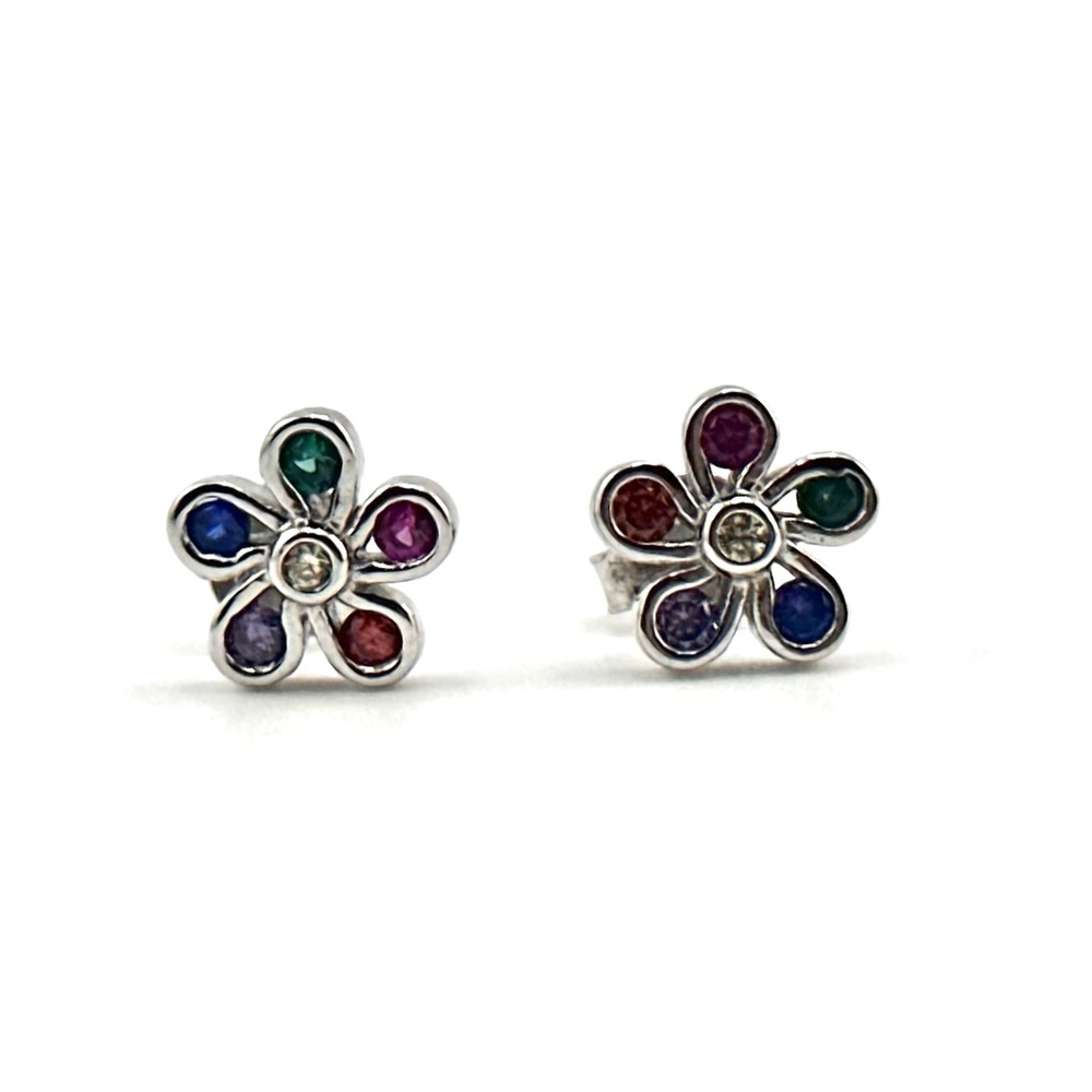 925 Solid Sterling Silver Multicolor Flower Stud … - image 4